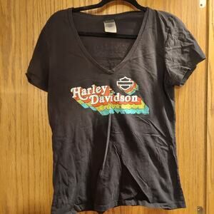 Harley Davidson spell out black orange V neck Short Sleeve Top L motorcycle